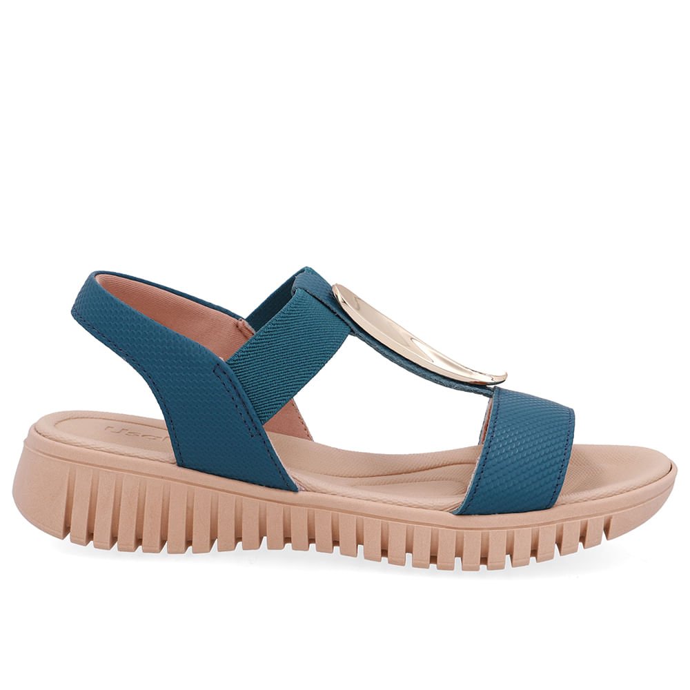 Sandália Enfeite Dourado Couro Azul