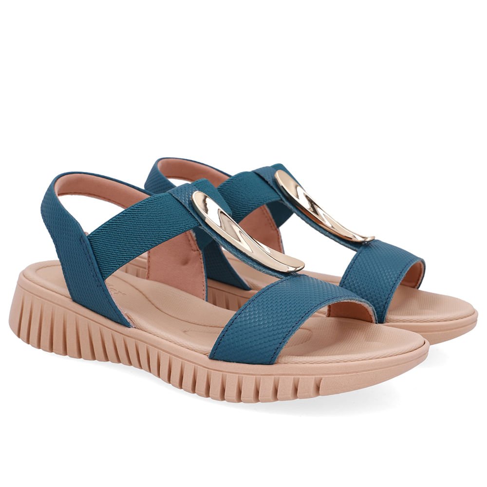 Sandália Enfeite Dourado Couro Azul Dourado/Azul 2