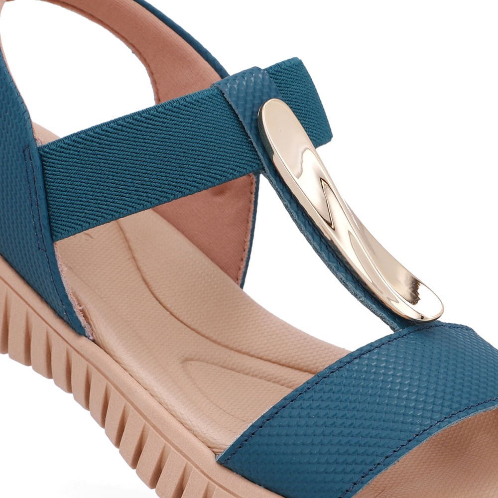 Sandália Enfeite Dourado Couro Azul Dourado/Azul 4