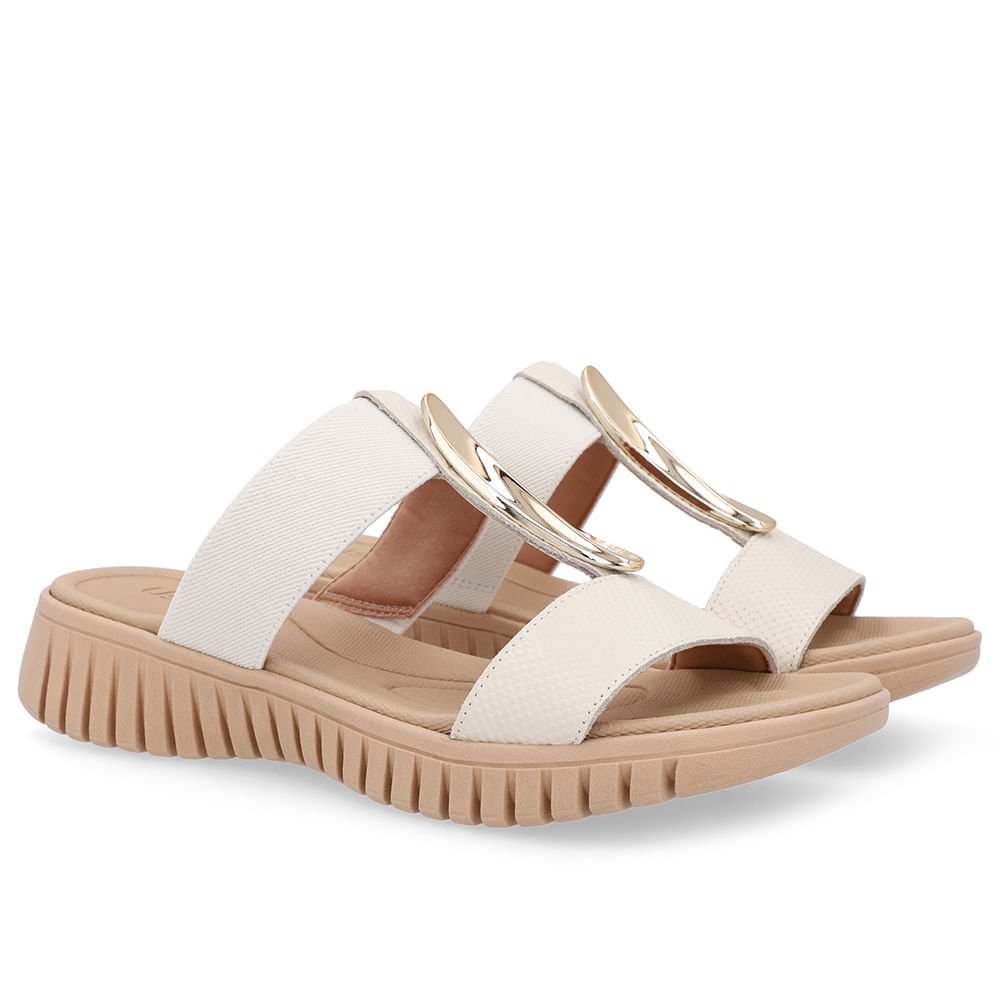 Tamanco Salto Baixo Couro Branco Marfim Enfeite Dourado Marfim/Dourado 2