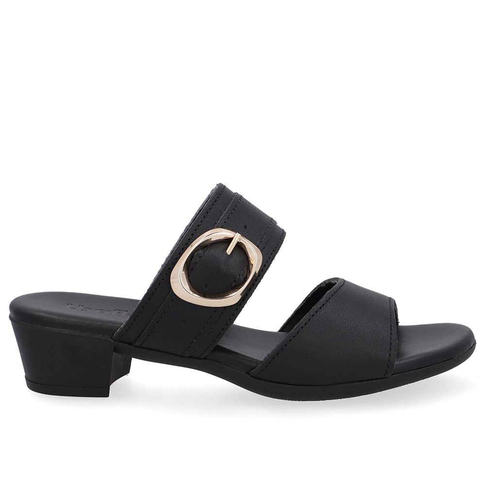 Tamanco Salto Bloco Couro Preto Fivela