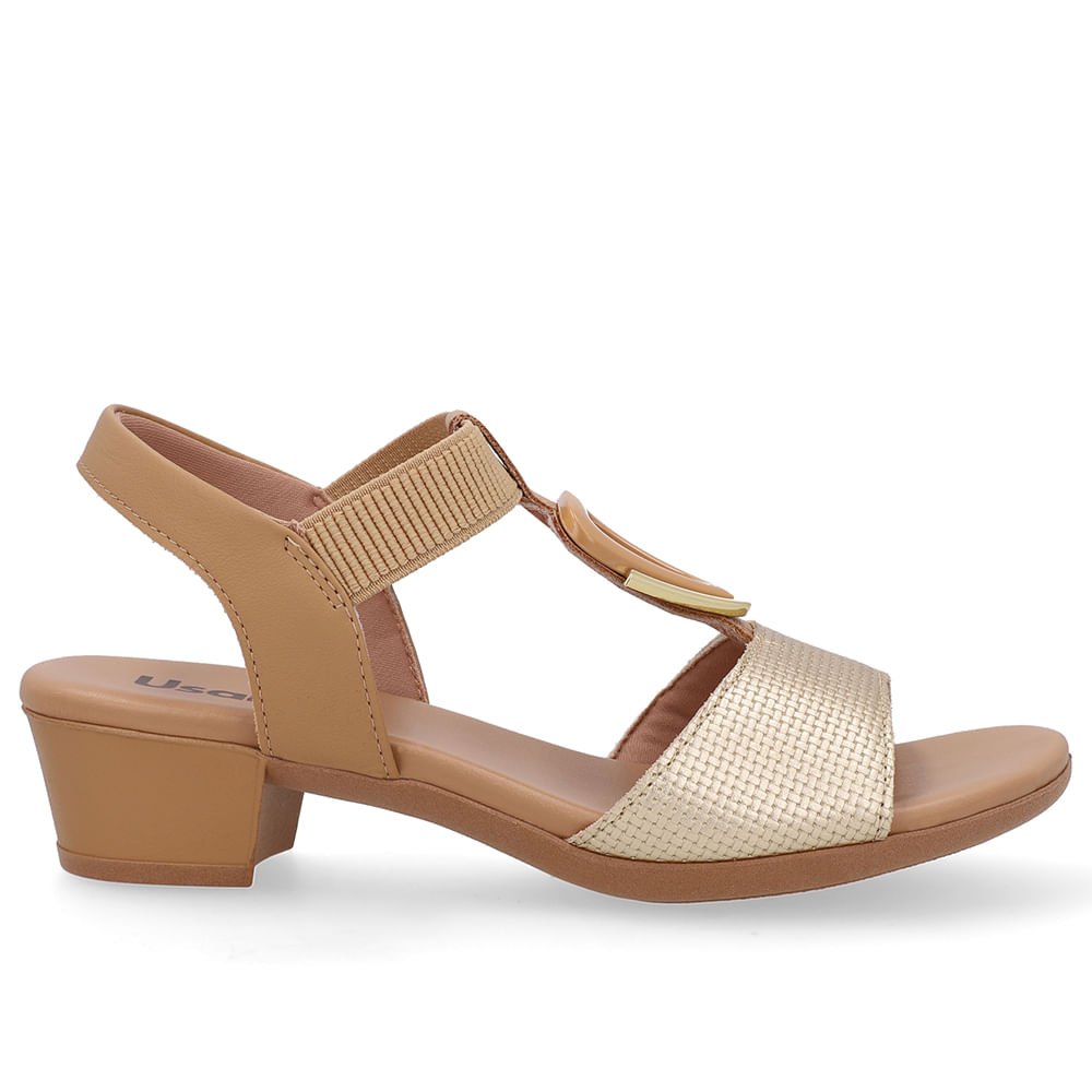 Sandália Salto Bloco Enfeite Couro Dourada