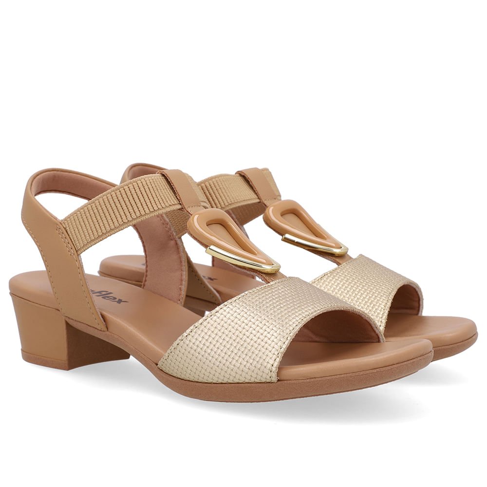 Sandália Salto Bloco Enfeite Couro Dourada Dourado 2