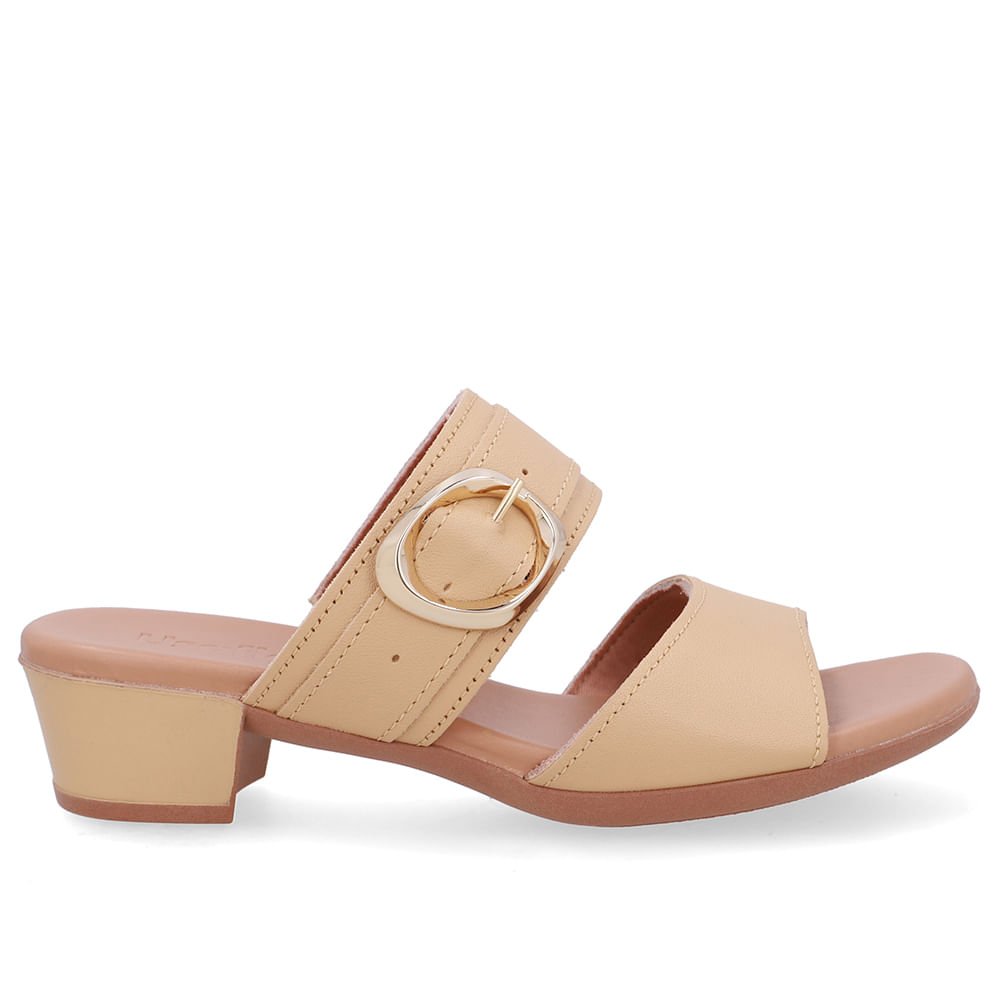 Tamanco Salto Bloco Couro Bege Creme Fivela