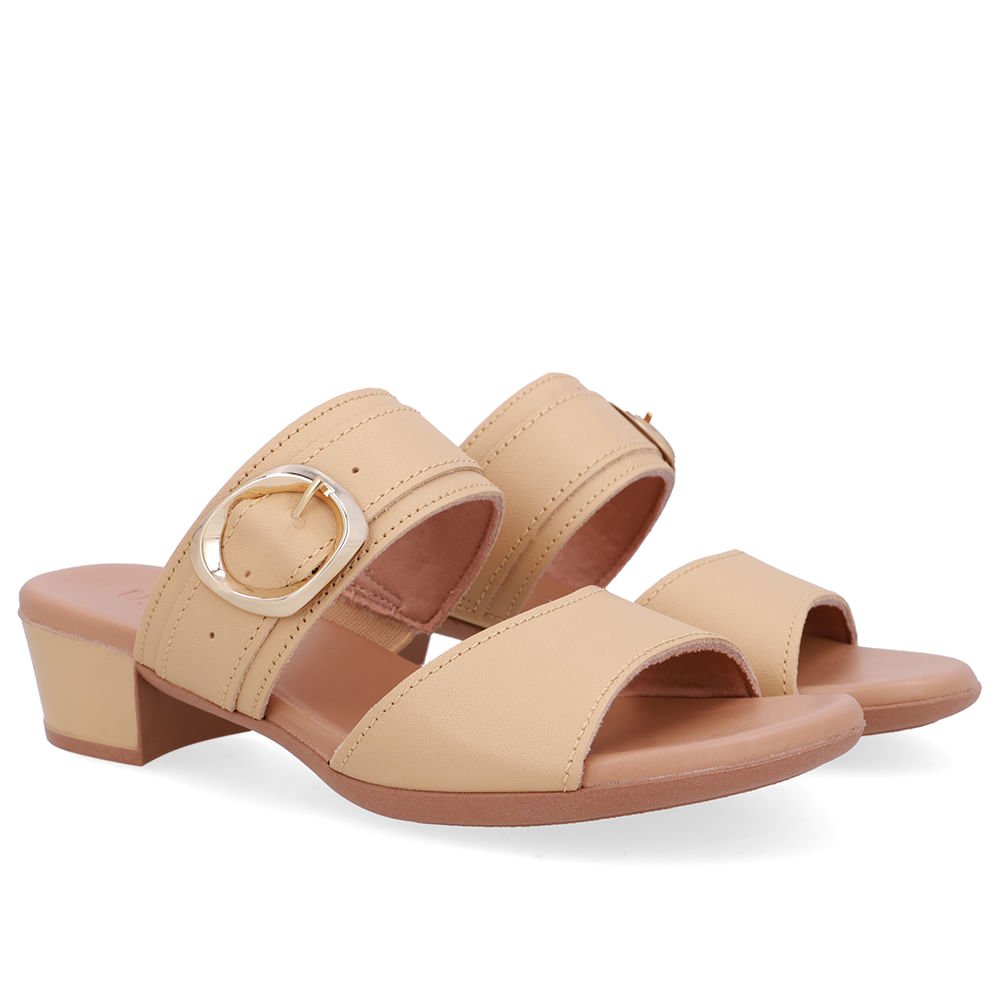 Tamanco Salto Bloco Couro Bege Creme Fivela Creme 2