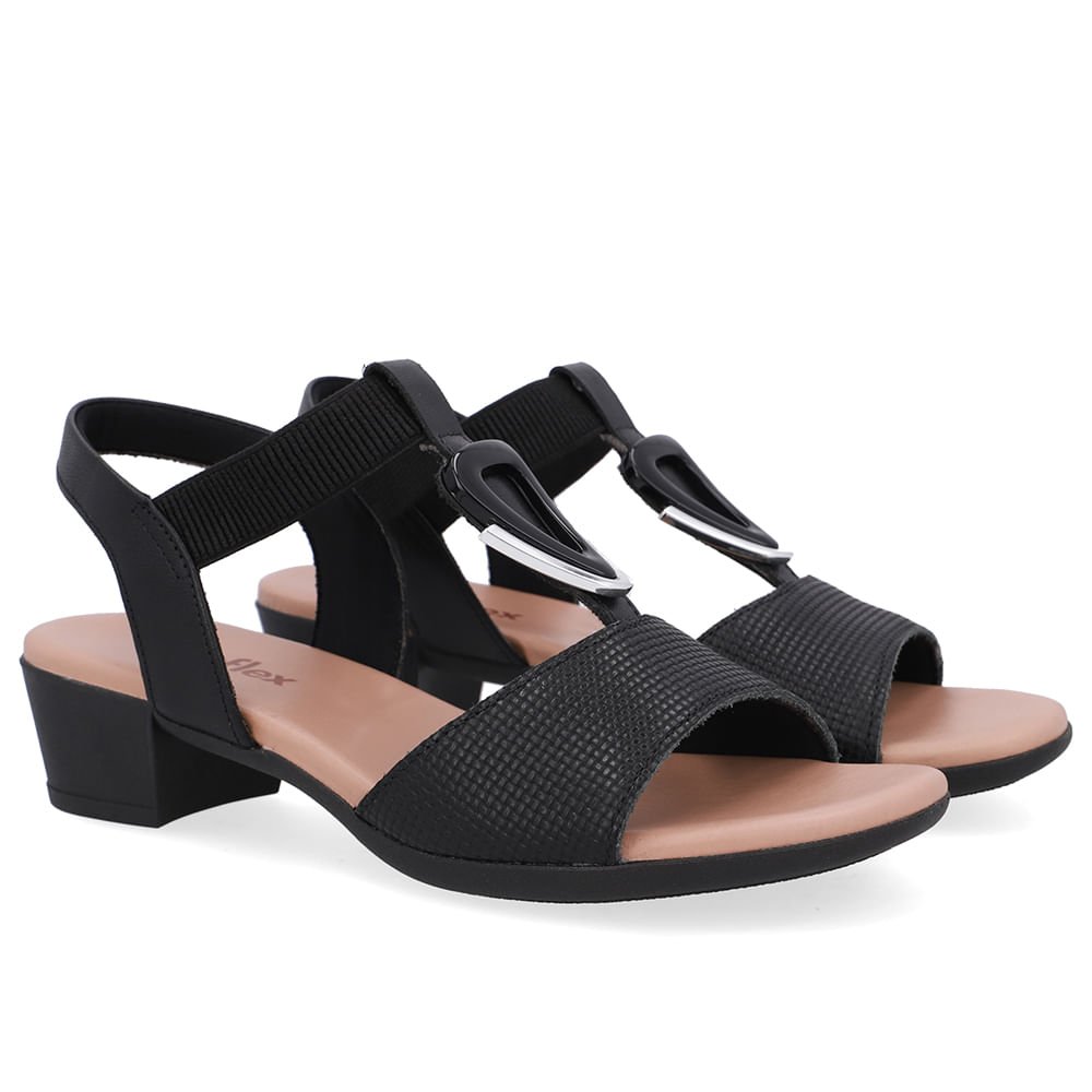 Sandália Salto Bloco Enfeite Couro Preta Preto 2