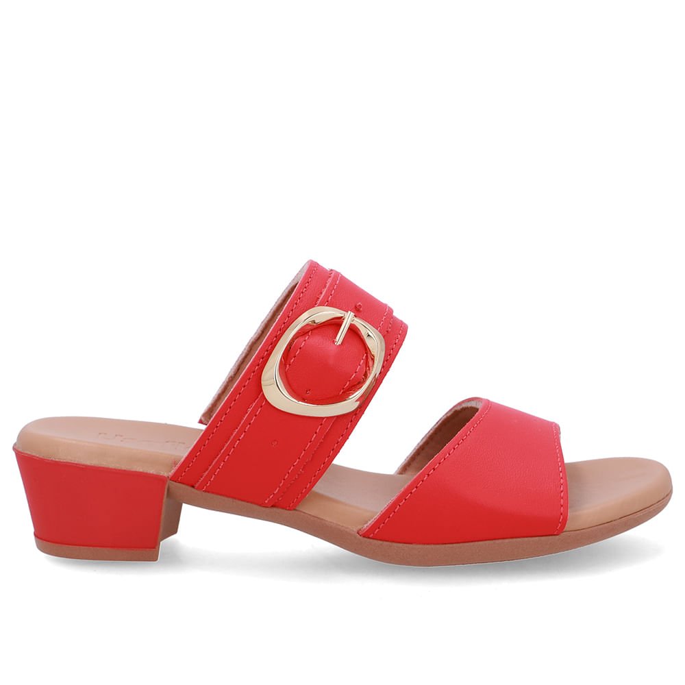 Tamanco Salto Bloco Couro Vermelho Fivela