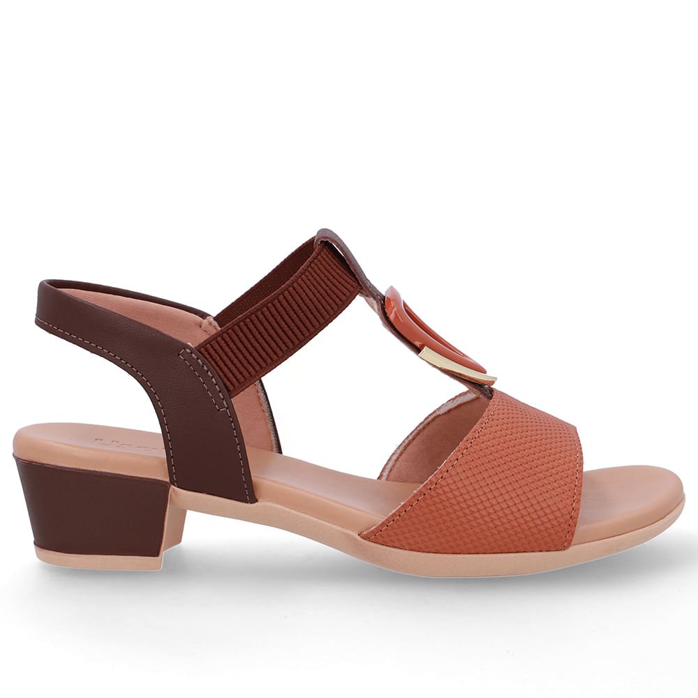 Sandália Salto Bloco Enfeite Couro Marrom