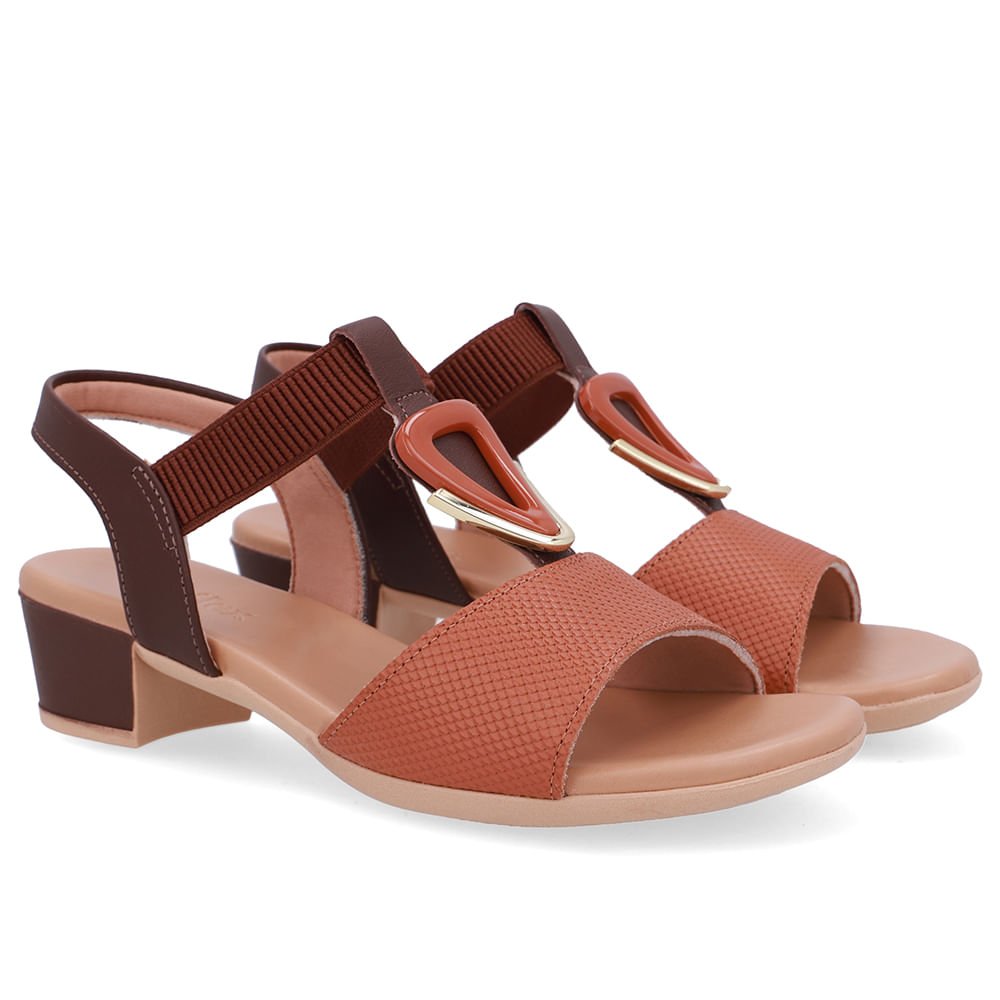 Sandália Salto Bloco Enfeite Couro Marrom Marrom 2