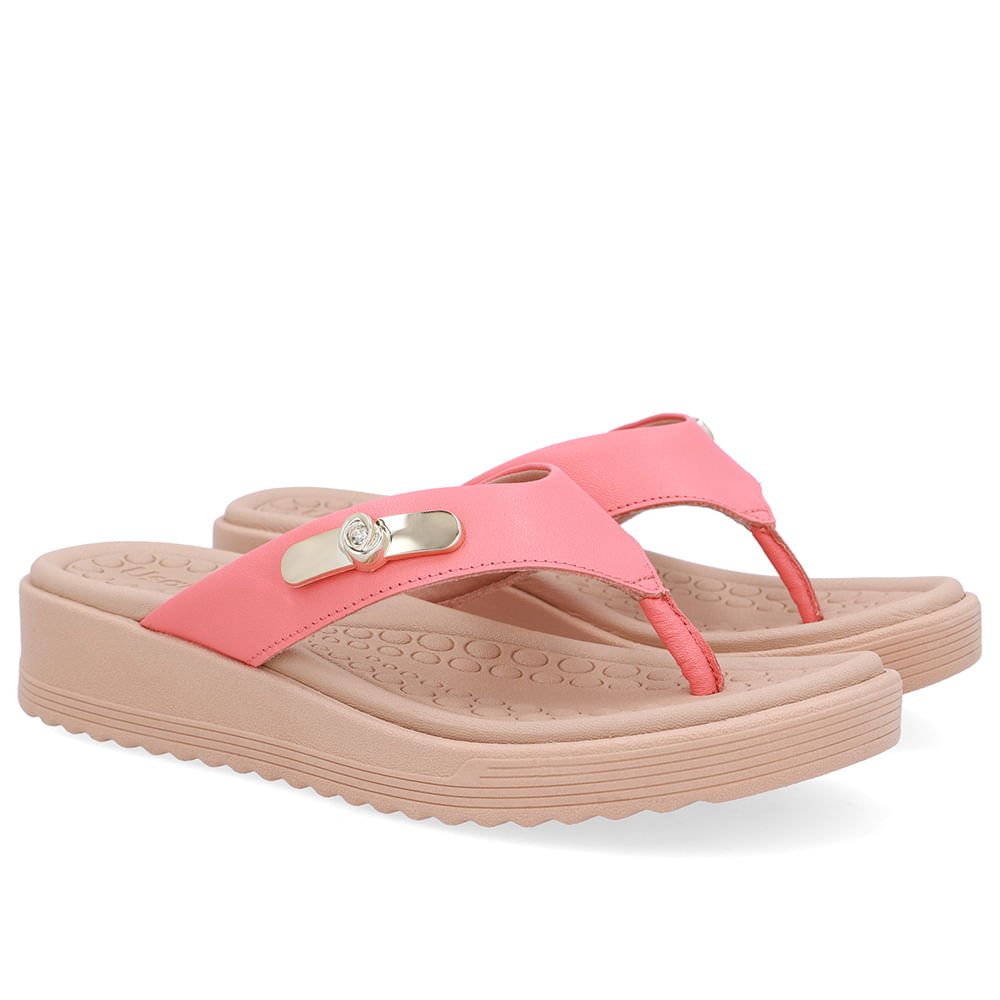 Chinelo Salto Baixo Couro Laranja Rosa 2