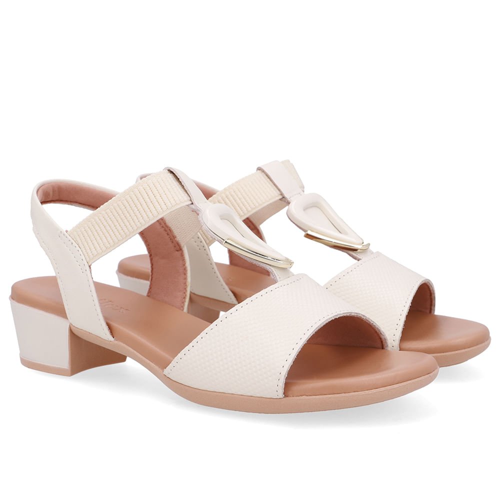 Sandália Salto Bloco Enfeite Couro Branca Marfim Marfim 2