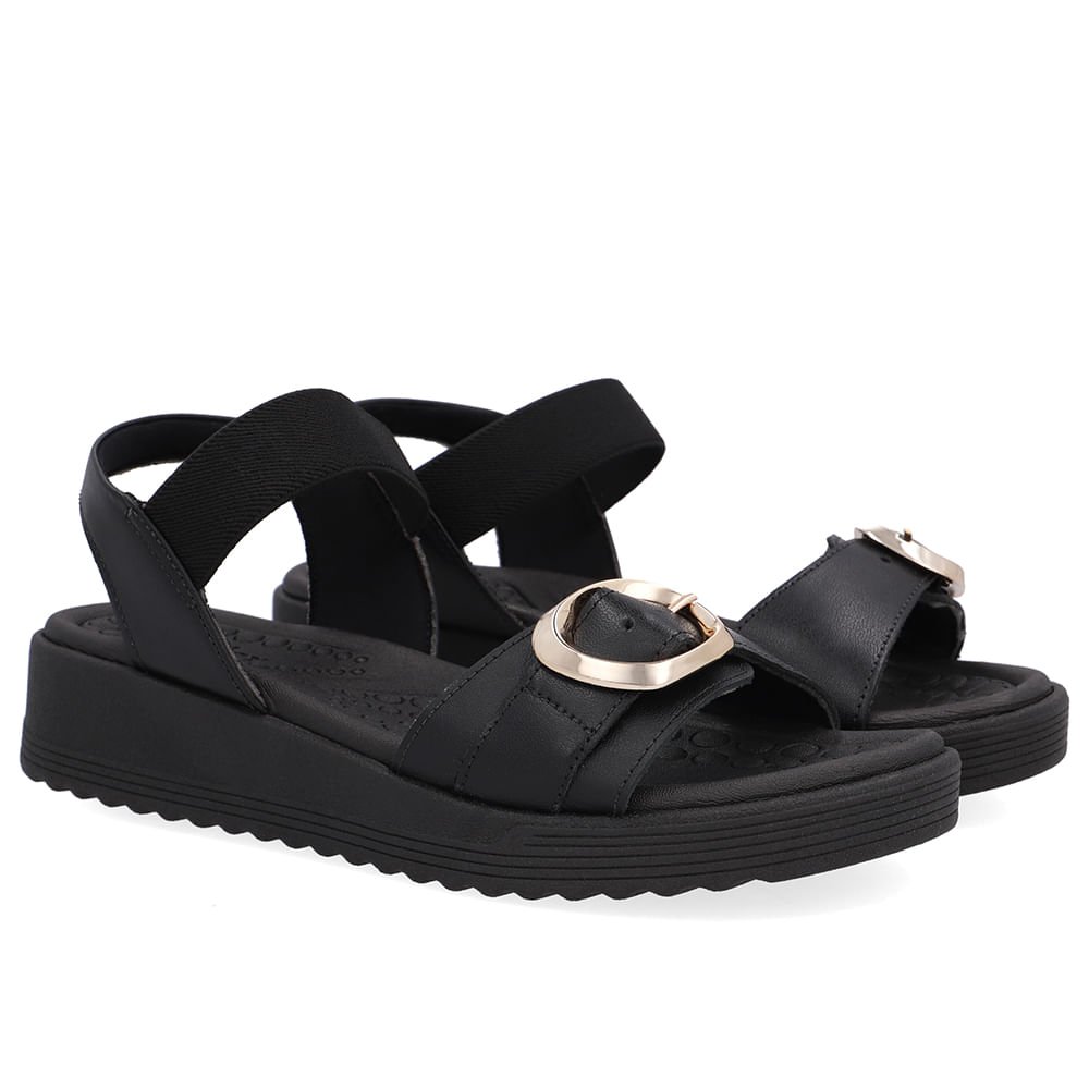 Sandália Salto Anabela Fivela Couro Preta Preto 2