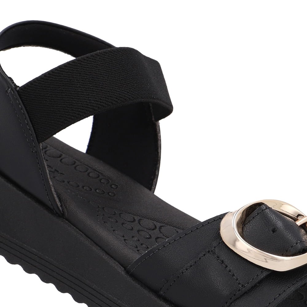 Sandália Salto Anabela Fivela Couro Preta Preto 4