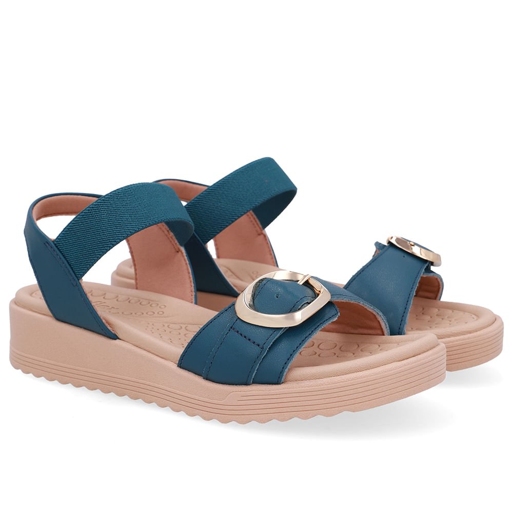 Sandália Salto Anabela Fivela Couro Azul Azul 2