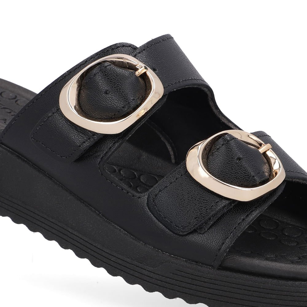 Tamanco Salto Anabela Couro Preto Fivelas Preto 4