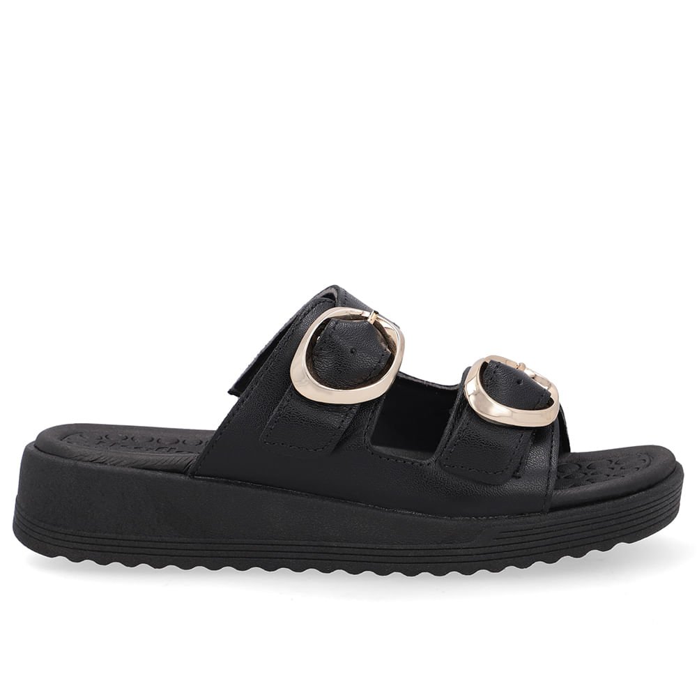 Tamanco Salto Anabela Couro Preto Fivelas