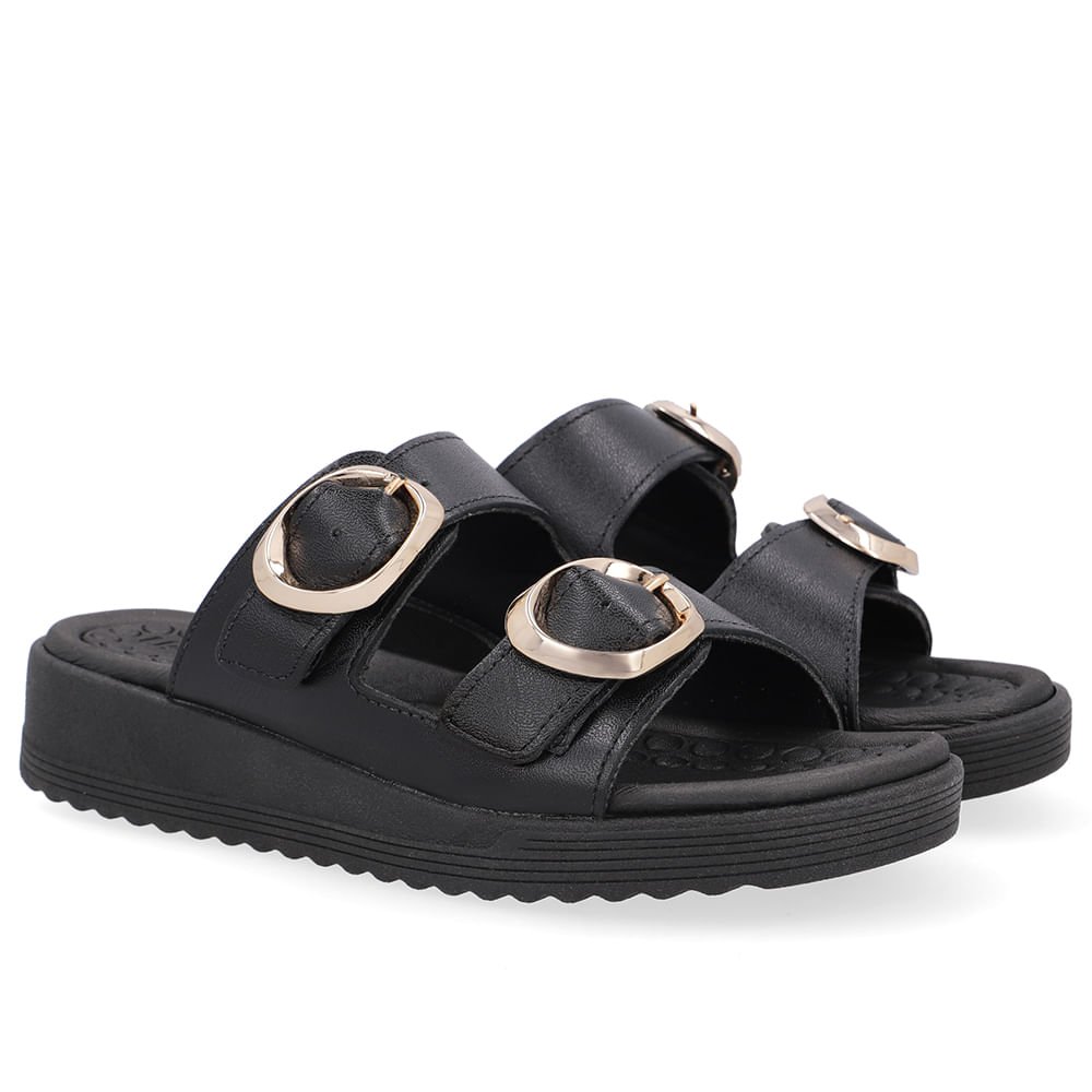 Tamanco Salto Anabela Couro Preto Fivelas Preto 2