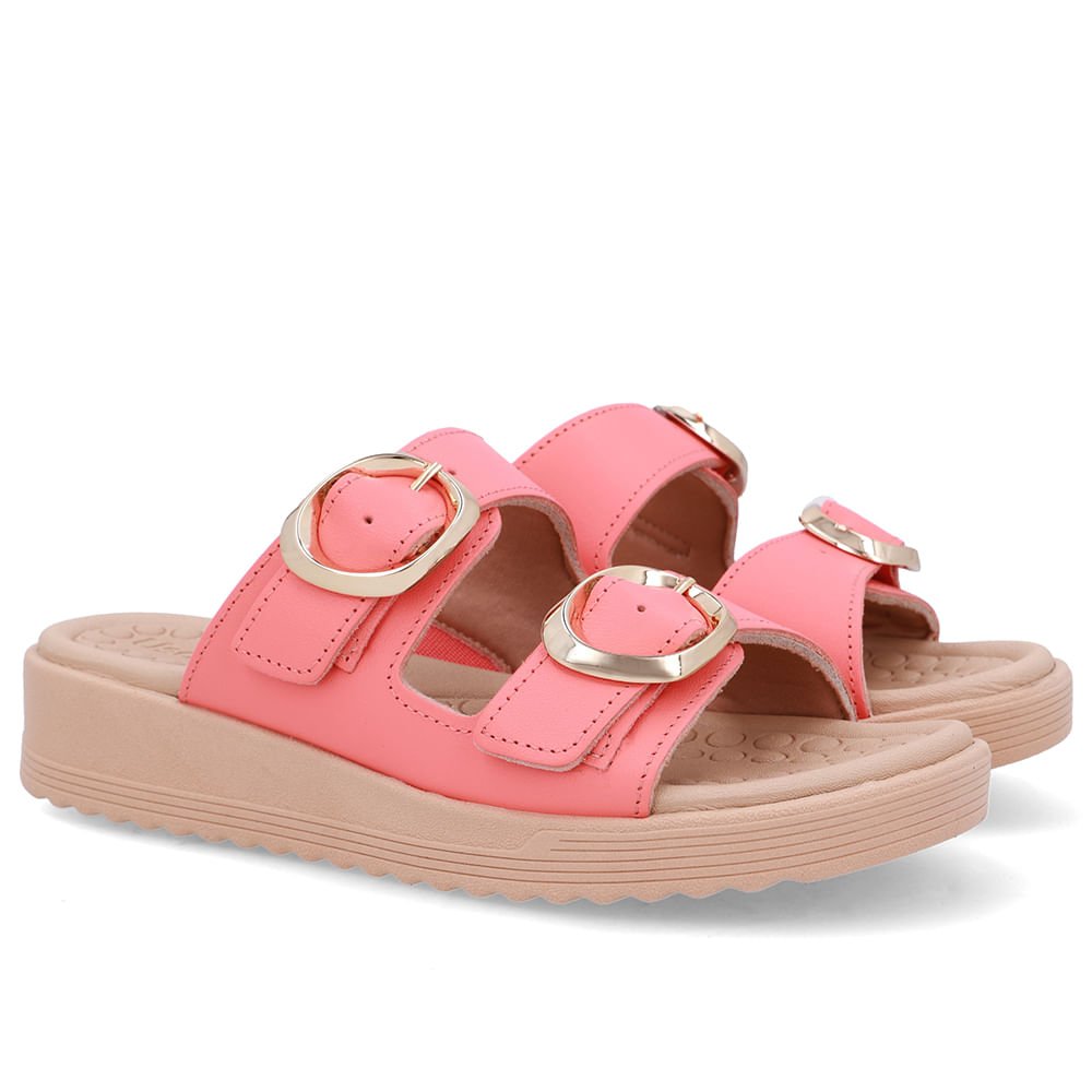 Tamanco Salto Anabela Couro Laranja Fivelas Rosa 2