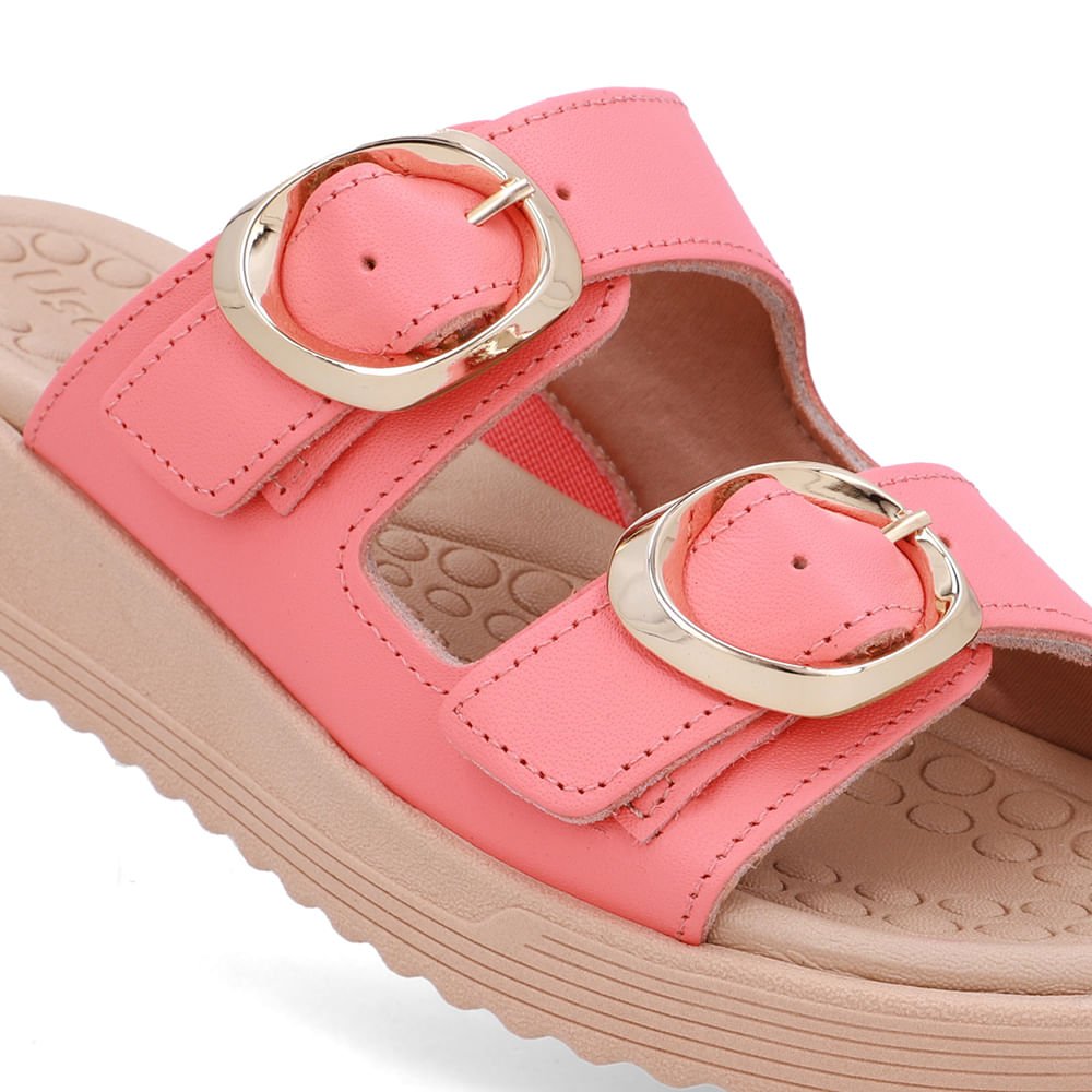 Tamanco Salto Anabela Couro Laranja Fivelas Rosa 4