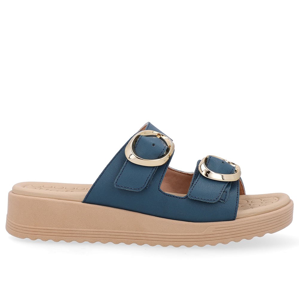 Tamanco Salto Anabela Couro Azul Fivelas