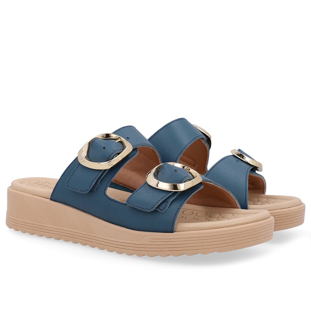 Tamanco Salto Anabela Couro Azul Fivelas Azul 2