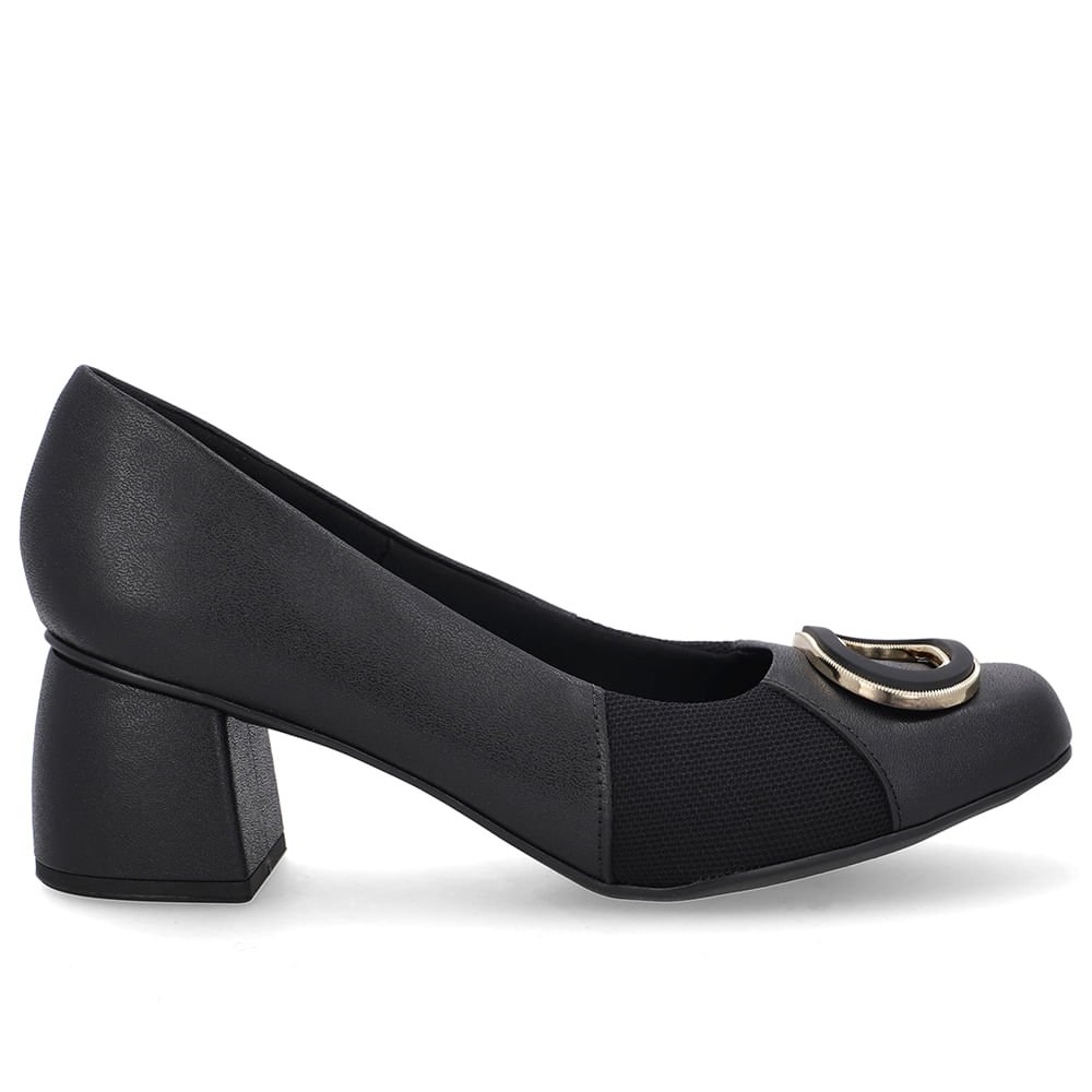 Scarpin Preto Bico Quadrado Couro Lateral Tecido