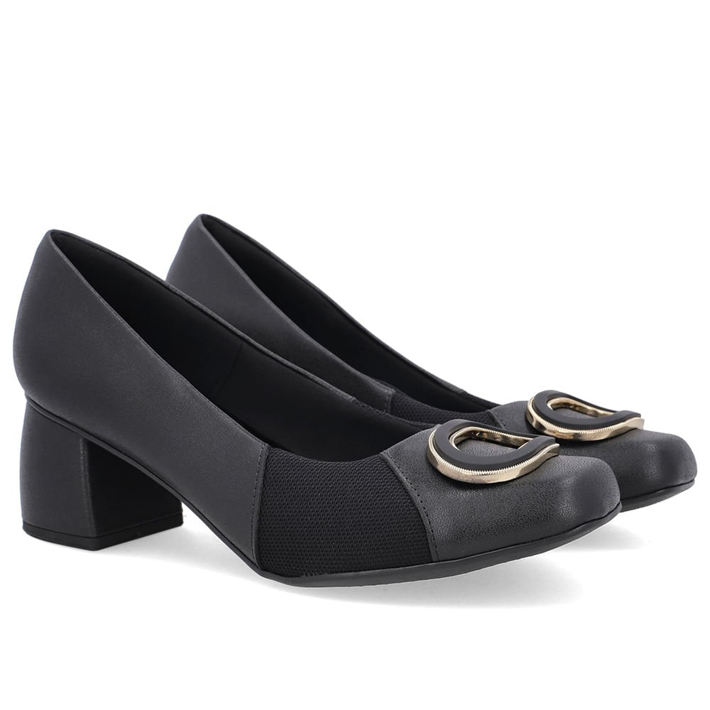 Scarpin Preto Bico Quadrado Couro Lateral Tecido Preto 2