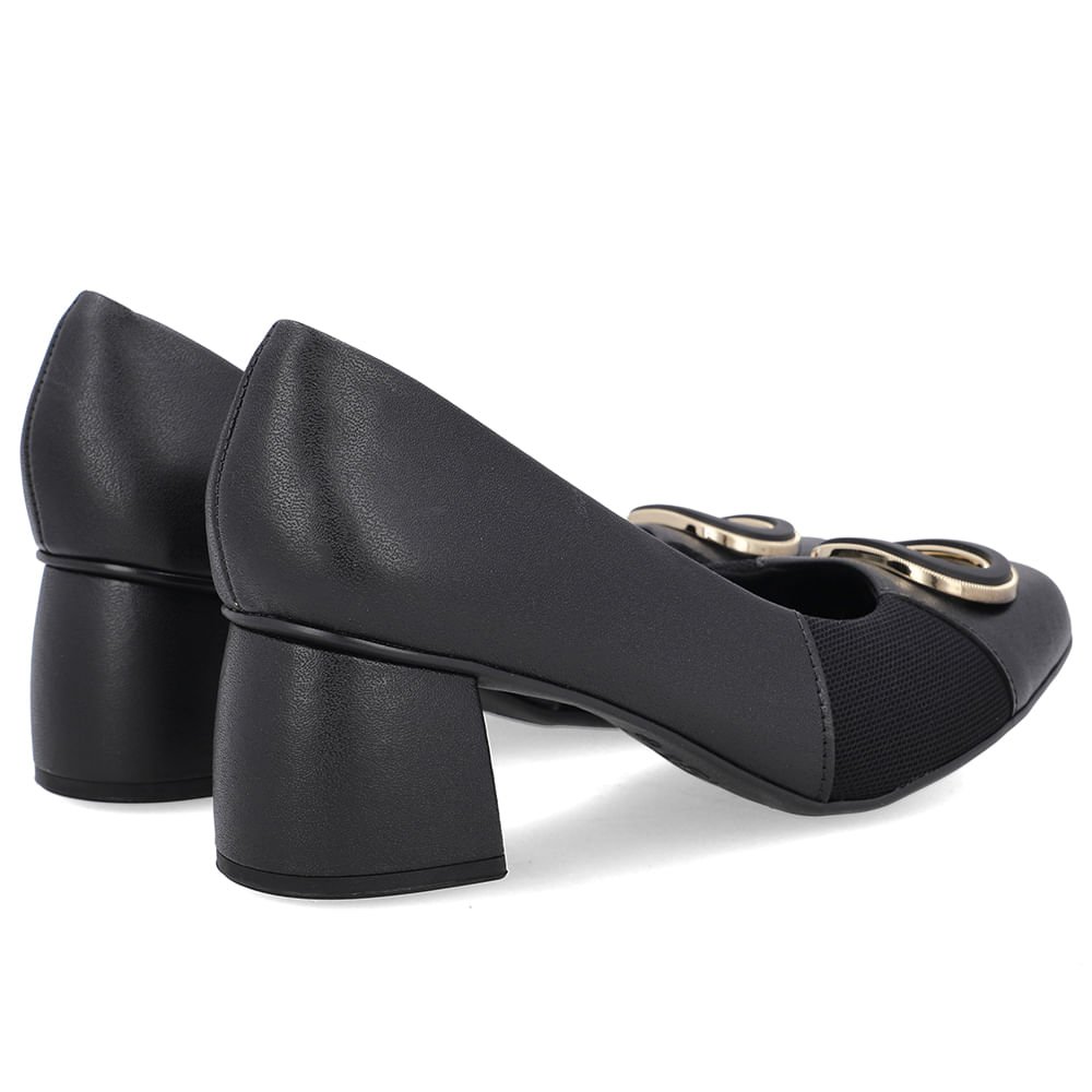 Scarpin Preto Bico Quadrado Couro Lateral Tecido Preto 3