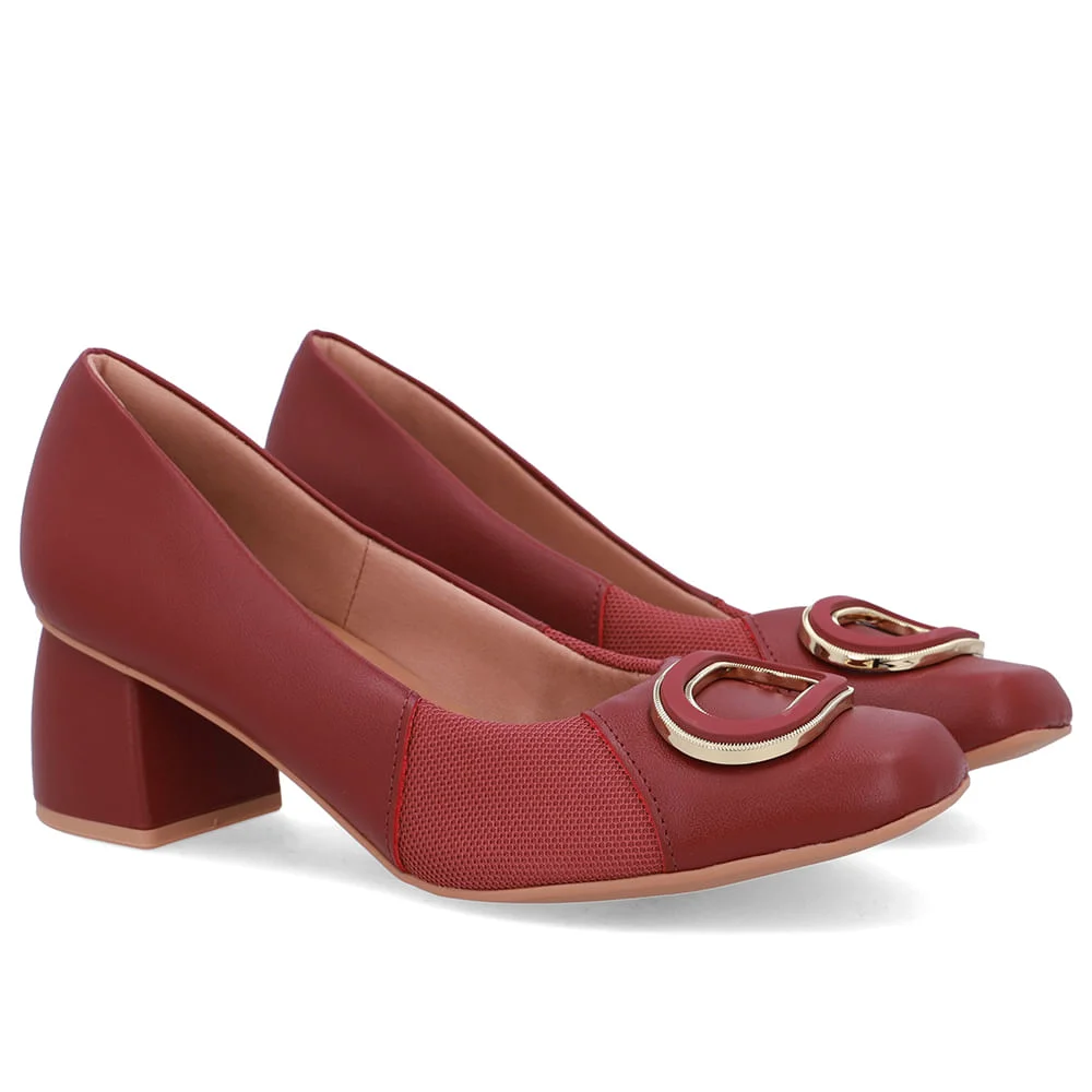 Scarpin Vermelho Bico Quadrado Couro Lateral Tecido Vermelho 2