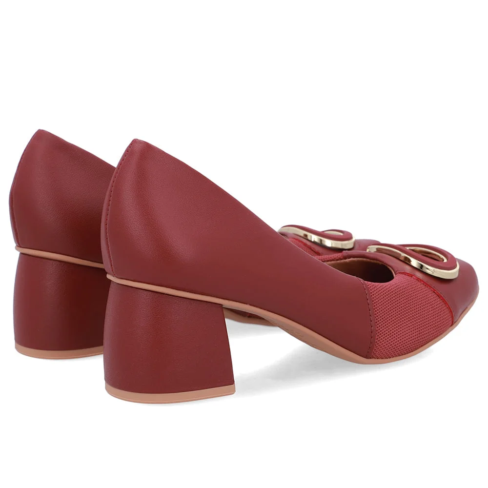 Scarpin Vermelho Bico Quadrado Couro Lateral Tecido Vermelho 3