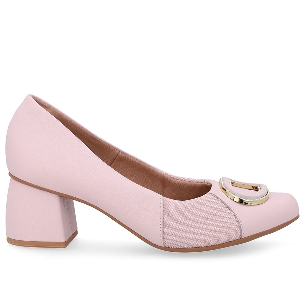 Scarpin Rosa Bico Quadrado Couro Lateral Tecido Rosa 1