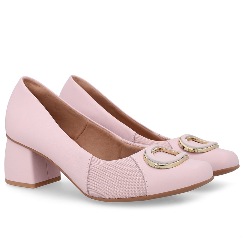 Scarpin Rosa Bico Quadrado Couro Lateral Tecido Rosa 2