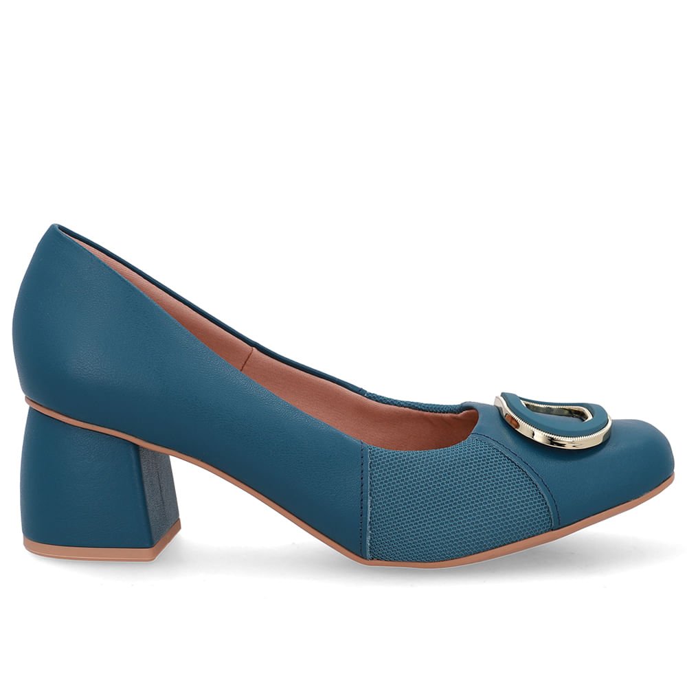 Scarpin Azul Bico Quadrado Couro Lateral Tecido