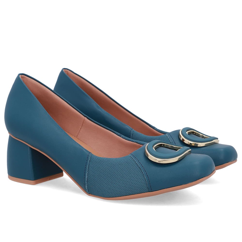 Scarpin Azul Bico Quadrado Couro Lateral Tecido Azul 2