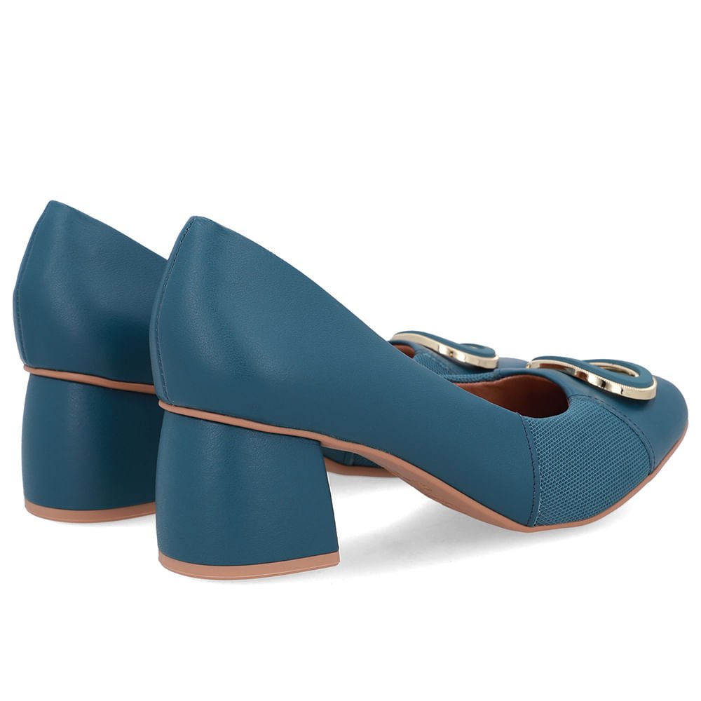 Scarpin Azul Bico Quadrado Couro Lateral Tecido Azul 3