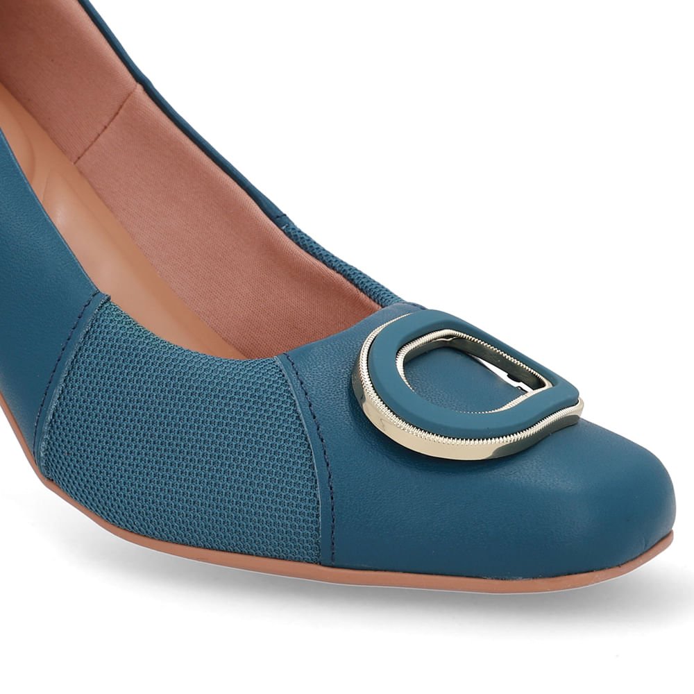 Scarpin Azul Bico Quadrado Couro Lateral Tecido Azul 4