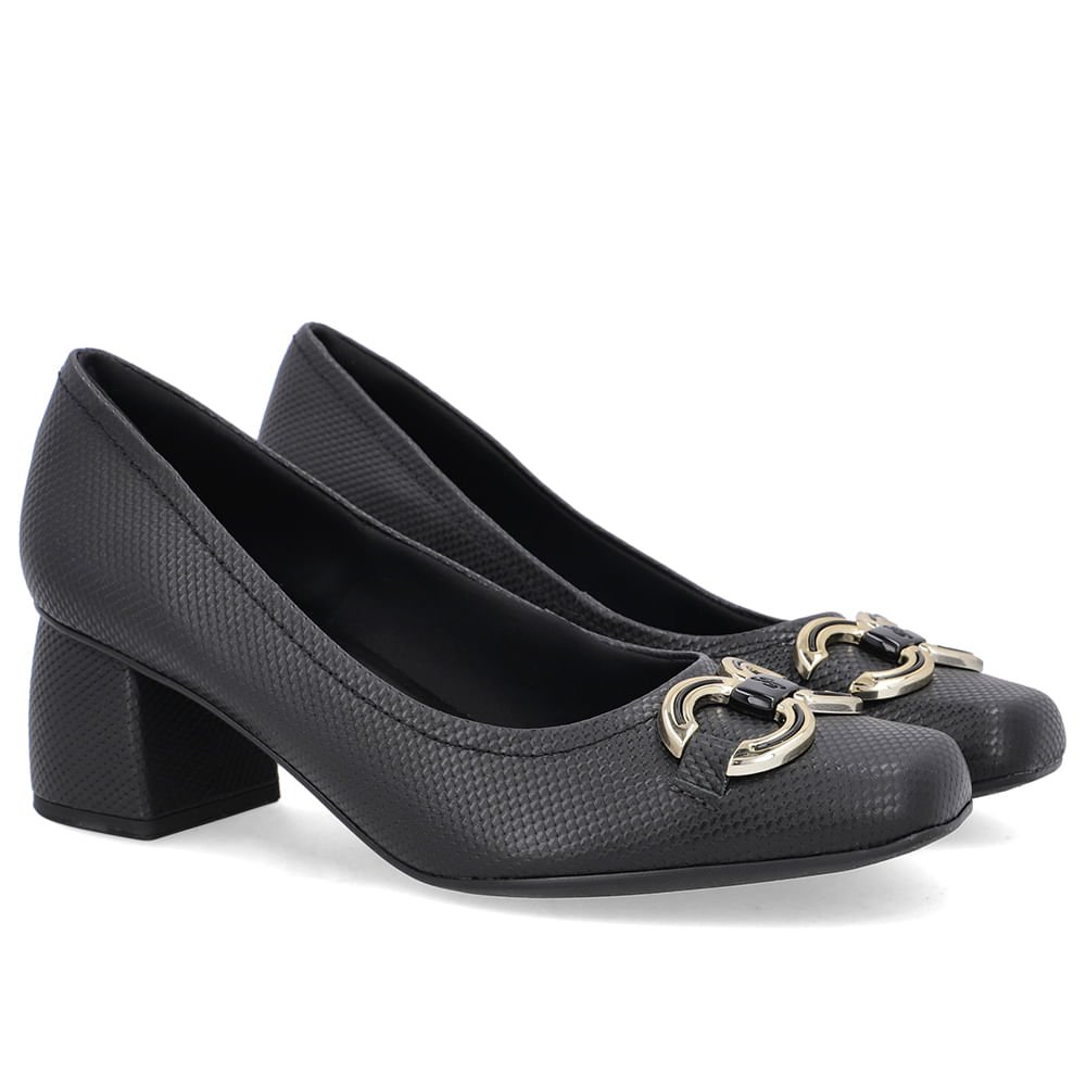 Scarpin Preto Bico Quadrado Couro Enfeite Preto 2