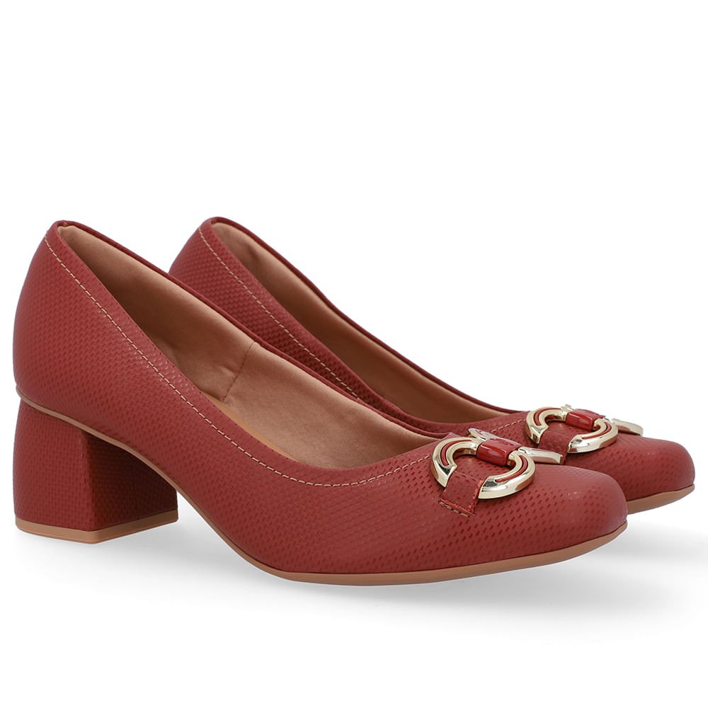 Scarpin Marrom Bico Quadrado Couro Enfeite Vermelho 2