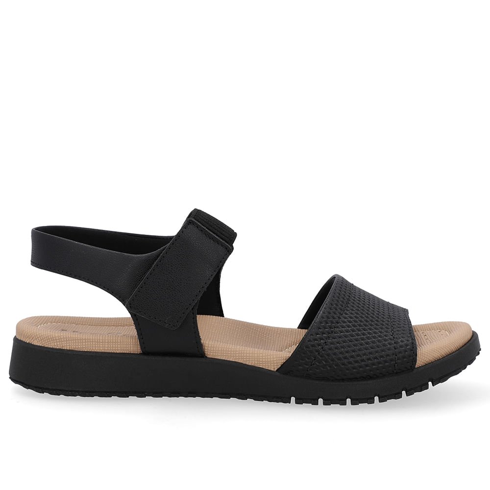 Sandália Salto Baixo Couro Preta Fecho-Flex