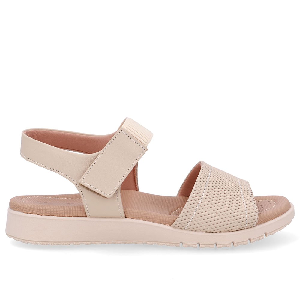 Sandália Salto Baixo Couro Bege Fecho-Flex