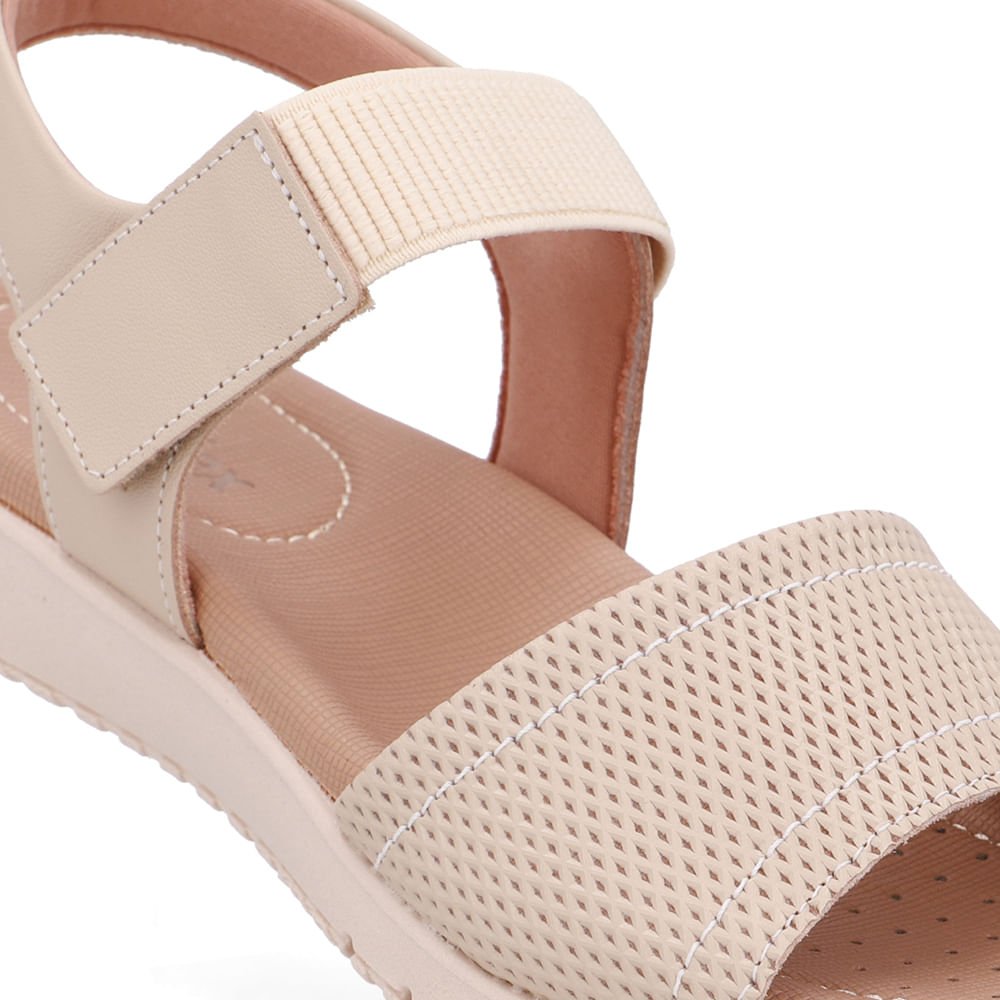 Sandália Salto Baixo Couro Bege Fecho-Flex Bege 4