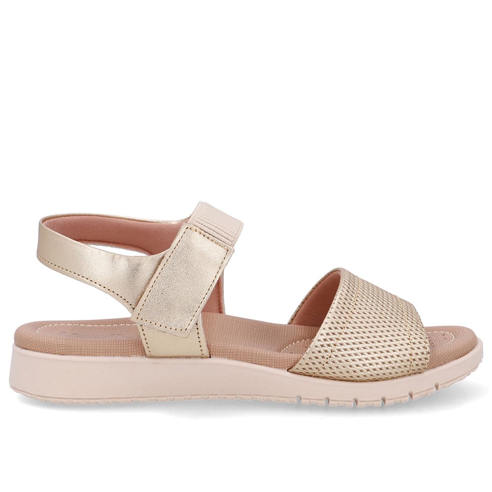 Sandália Salto Baixo Couro Dourado Fecho-Flex