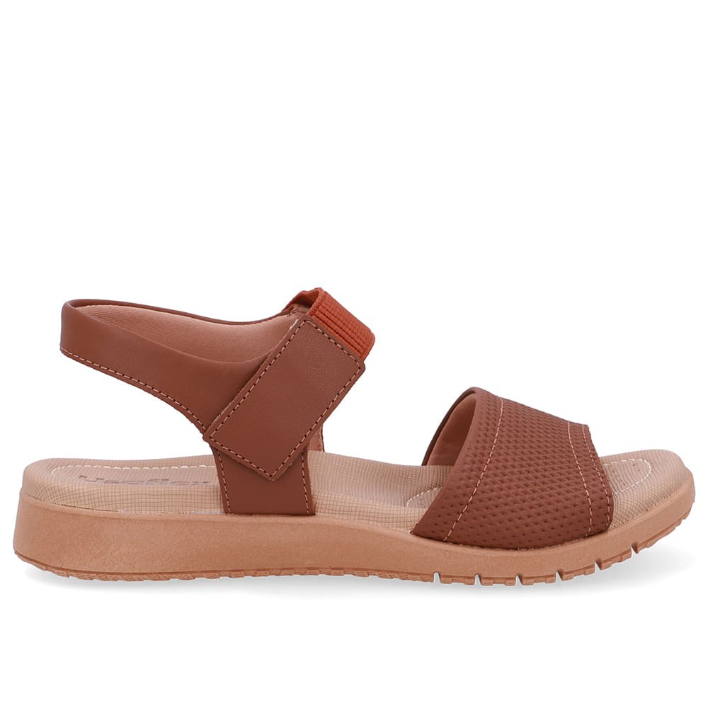 Sandália Salto Baixo Couro Marrom Fecho-Flex