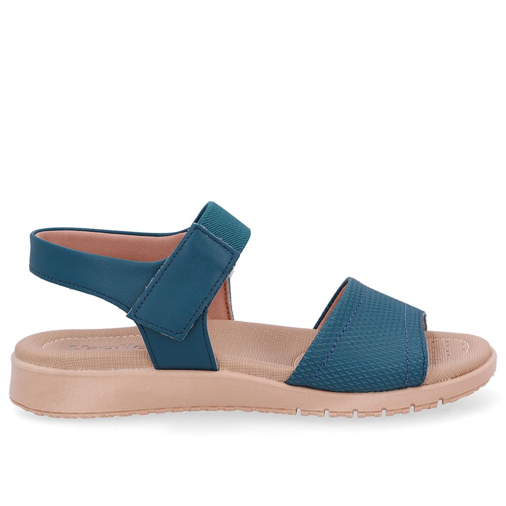 Sandália Salto Baixo Couro Azul Fecho-Flex