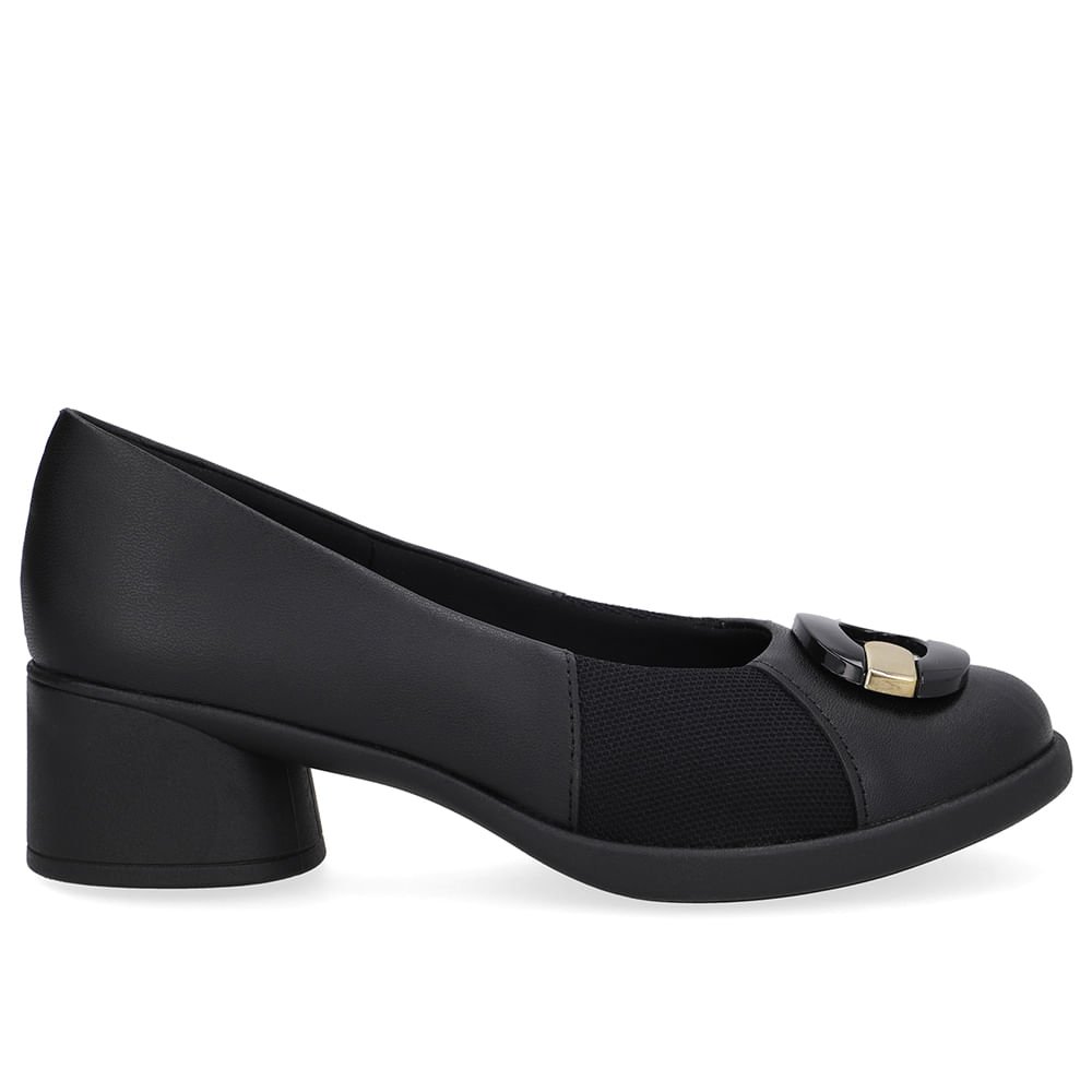 Scarpin Preto Couro Lateral Tecido Enfeite