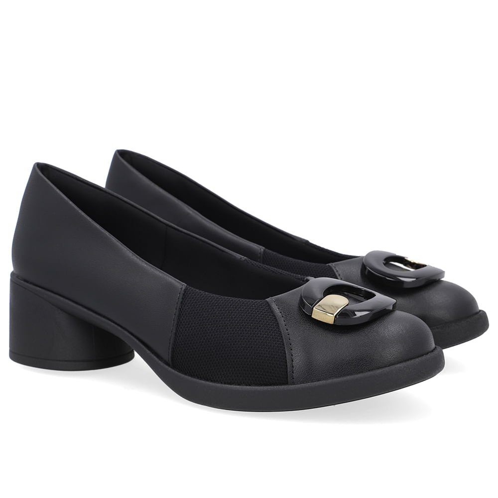 Scarpin Preto Couro Lateral Tecido Enfeite Preto 2