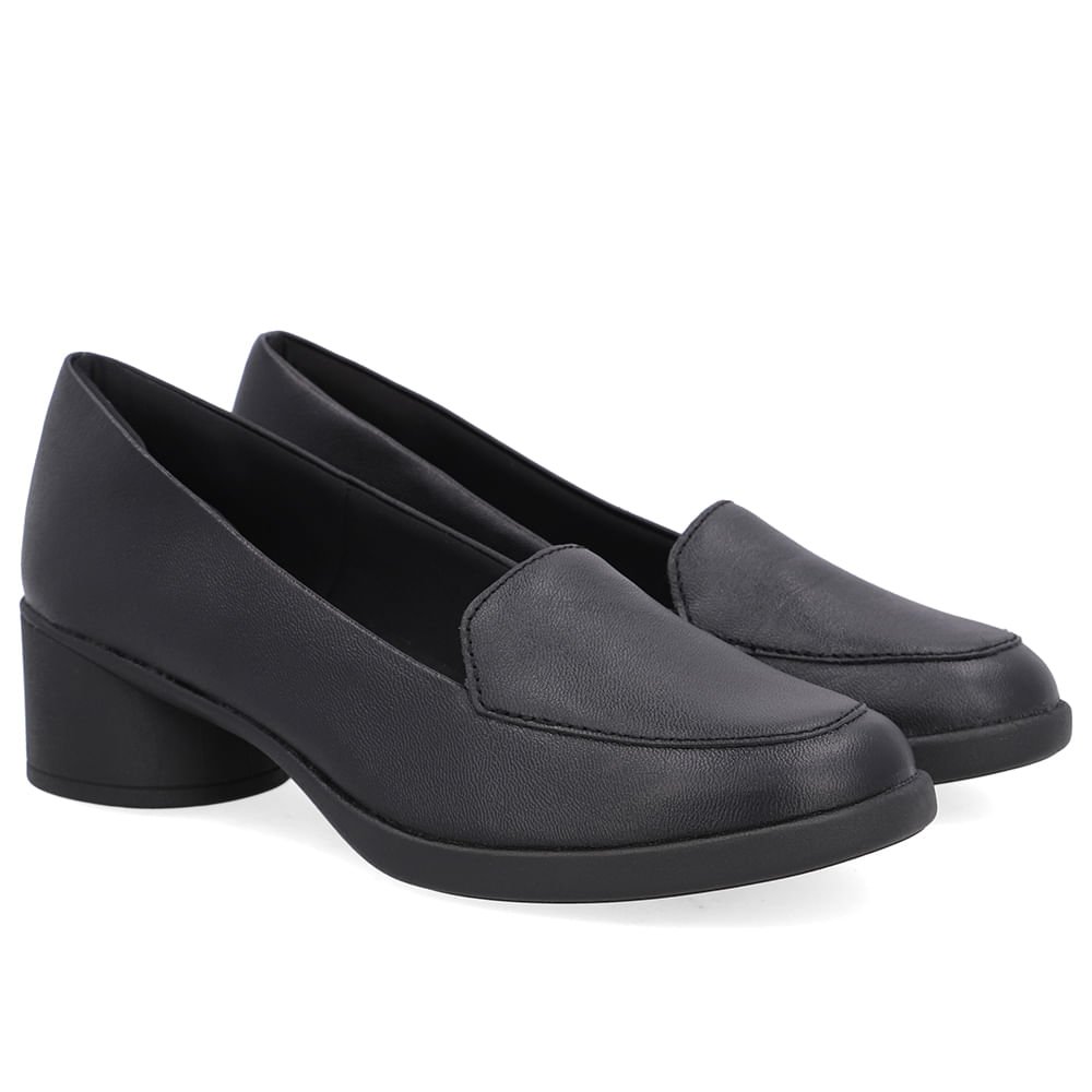 Loafer Liso Preto Couro Salto Bloco Preto 2