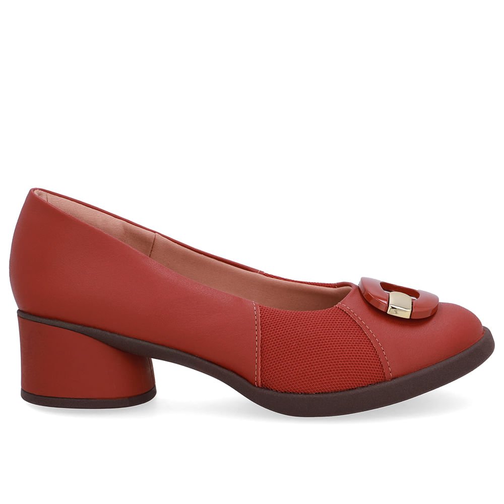 Scarpin Marrom Couro Lateral Tecido Enfeite