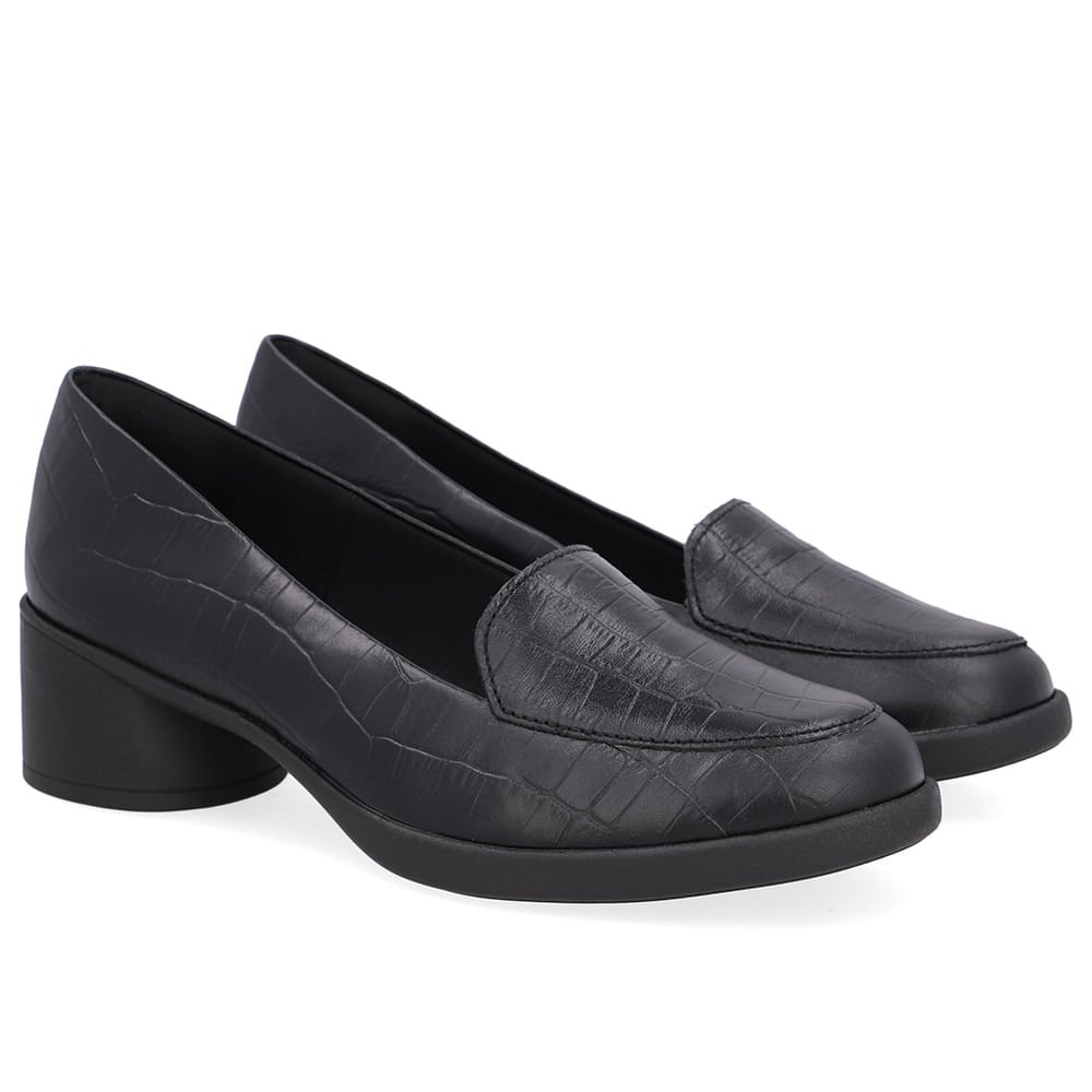 Loafer Textura Preto Couro Salto Bloco Preto 2