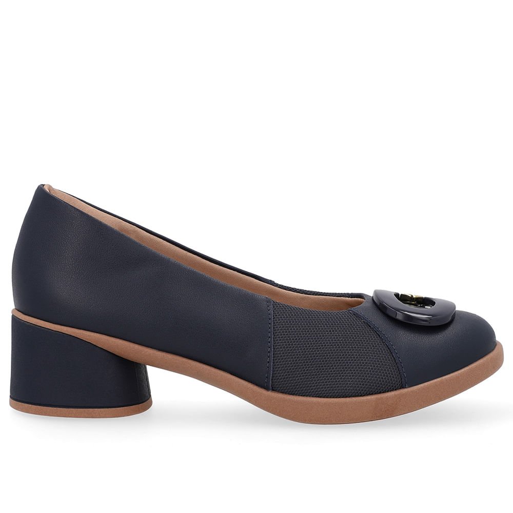 Scarpin Azul Couro Lateral Tecido Enfeite